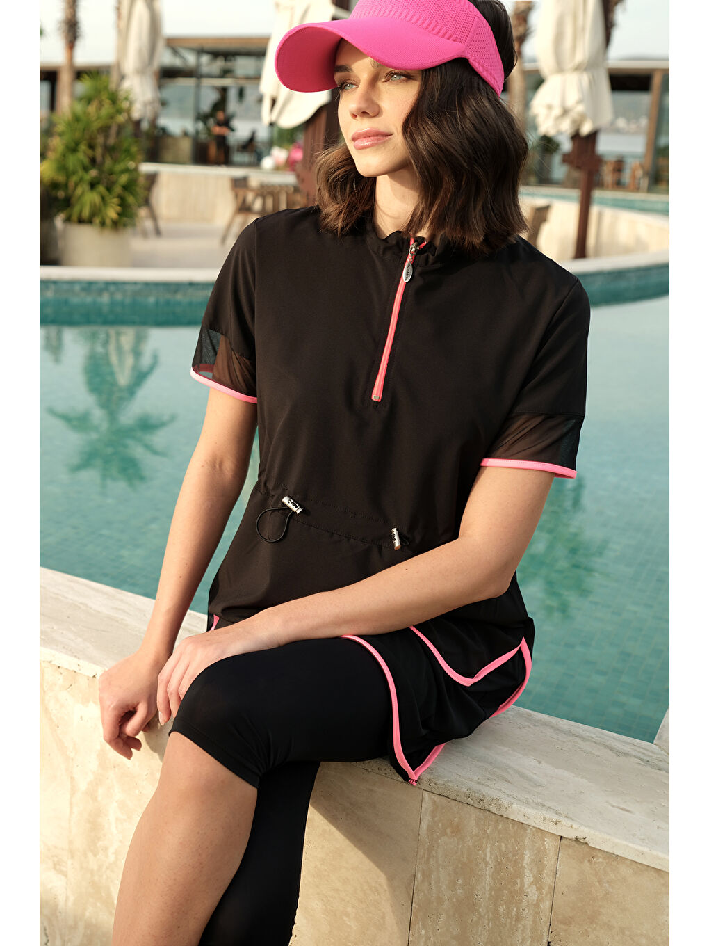 Kısa Kollu Taytlı Spor Elastan Biye Detay Yarı Kapalı Mayo 3422 Siyah-Pembe-3