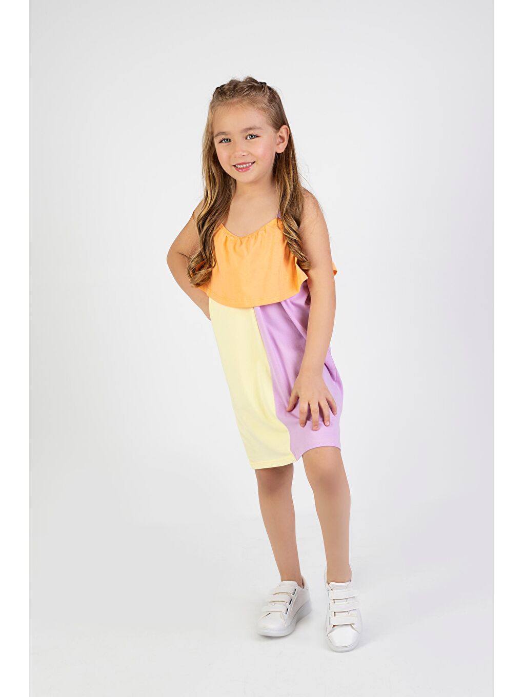 Turuncu Kız Çocuk Çok Renkli Diz Üstü Penye Elbise-3