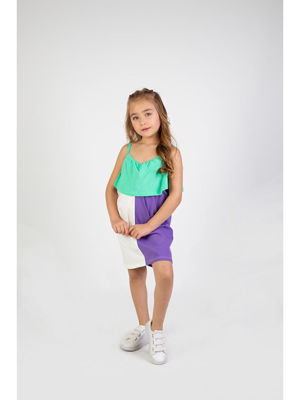 Yeşil Kız Çocuk Çok Renkli Diz Üstü Penye Elbise-2