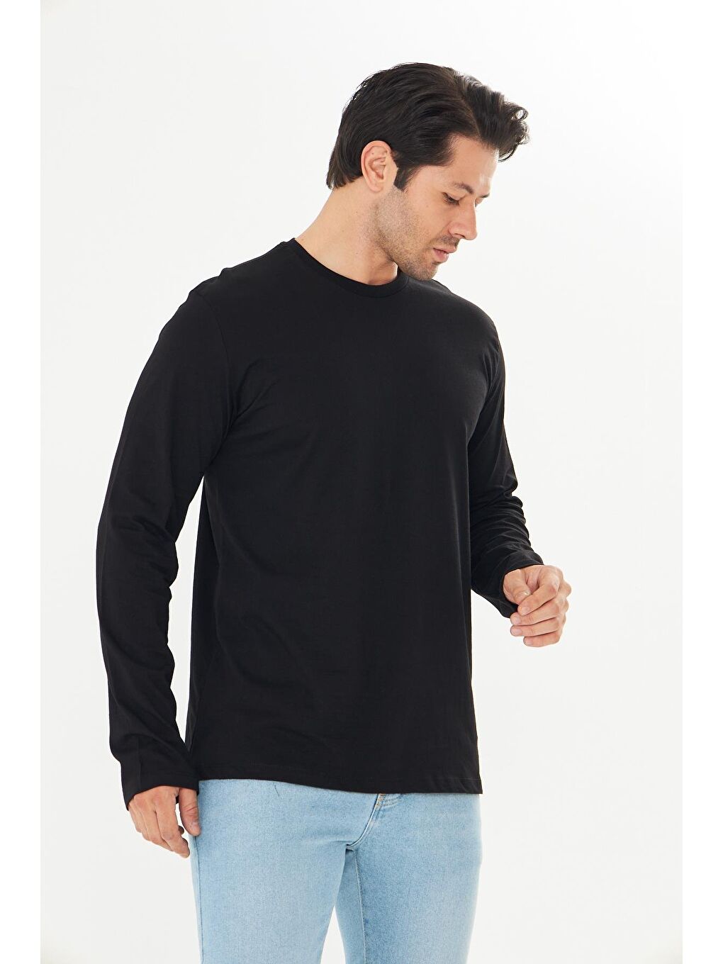 Büyük Beden Erkek Pamuklu Bisiklet Yaka Uzun Kollu Tişört Siyah 5020B-S-2
