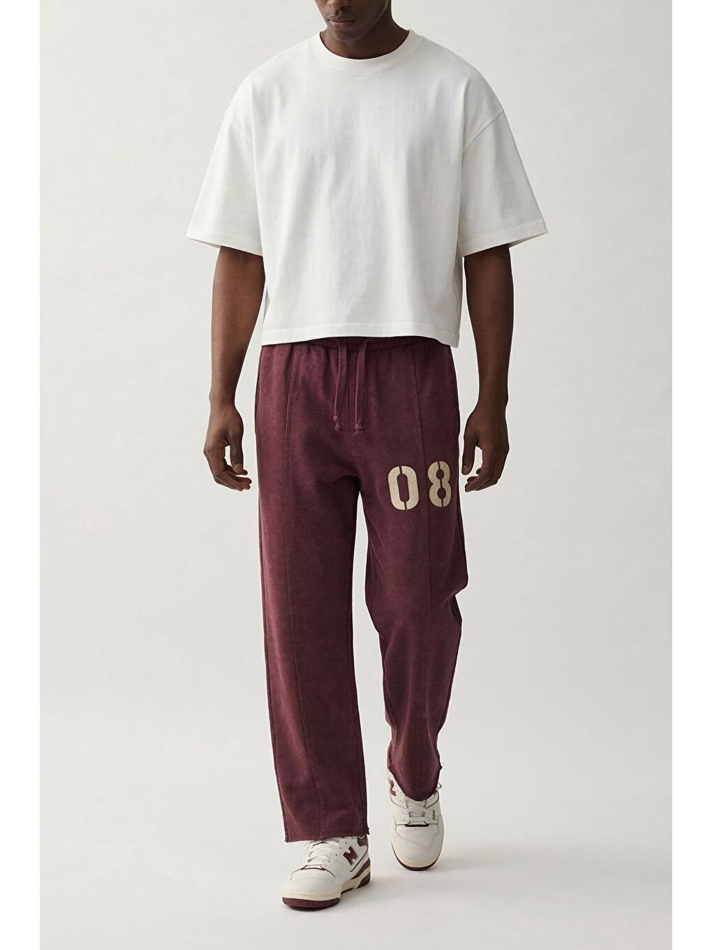 Erkek Baggy Fit Vintage Yıkamalı 08 Baskılı Eşofman Altı Bordo-2
