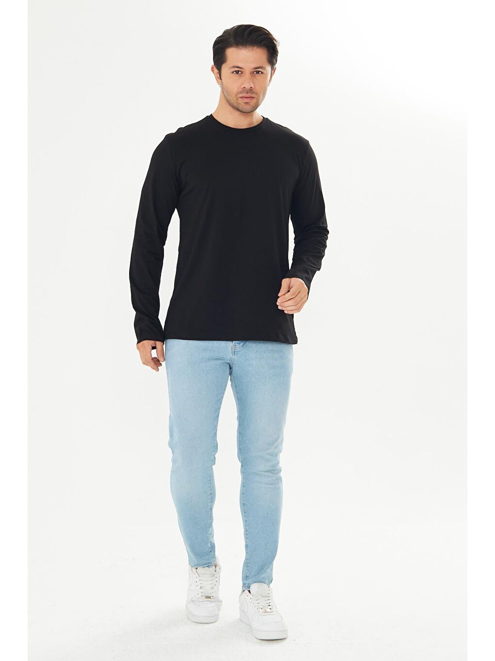 Büyük Beden Erkek Pamuklu Bisiklet Yaka Uzun Kollu Tişört Siyah 5020B-S-3