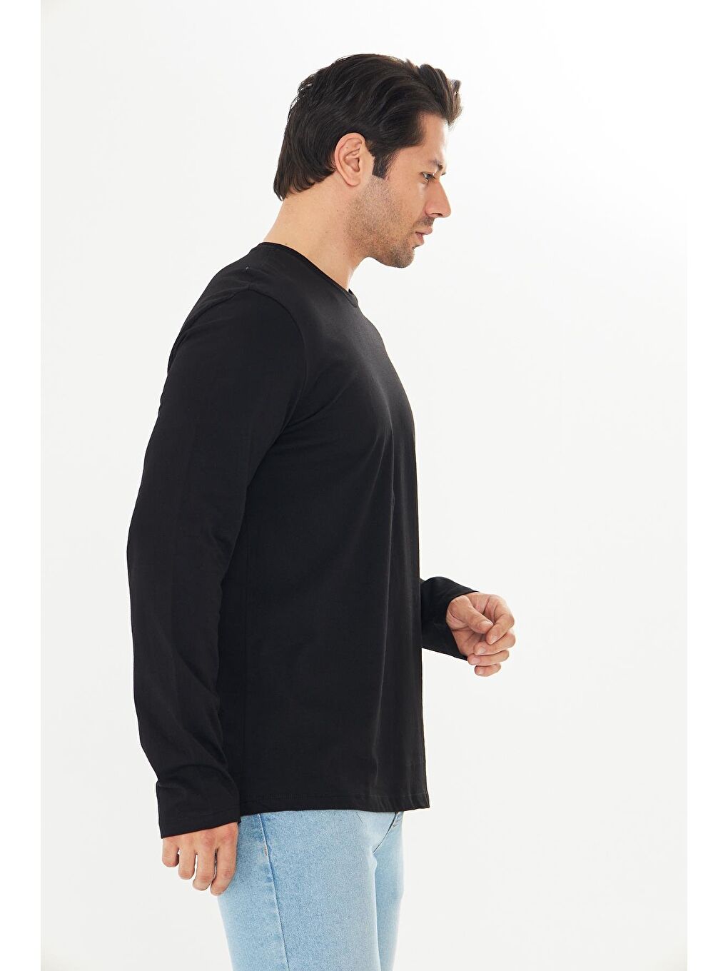 Büyük Beden Erkek Pamuklu Bisiklet Yaka Uzun Kollu Tişört Siyah 5020B-S-4