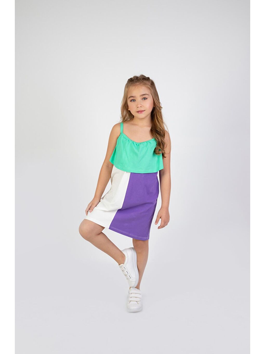 Yeşil Kız Çocuk Çok Renkli Diz Üstü Penye Elbise-3