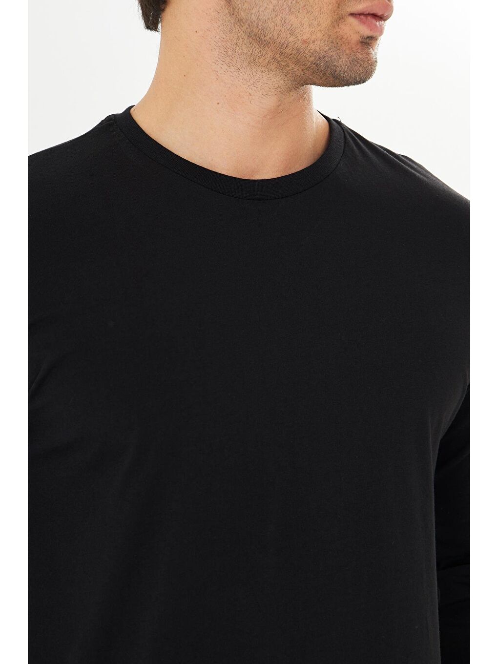 Büyük Beden Erkek Pamuklu Bisiklet Yaka Uzun Kollu Tişört Siyah 5020B-S-7