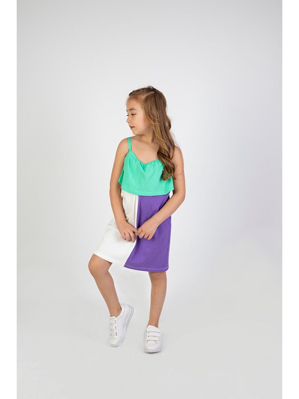 Yeşil Kız Çocuk Çok Renkli Diz Üstü Penye Elbise-4