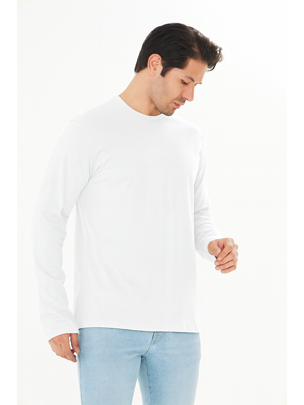Büyük Beden Erkek Pamuklu Bisiklet Yaka Uzun Kollu Tişört Beyaz 5020B-B-1