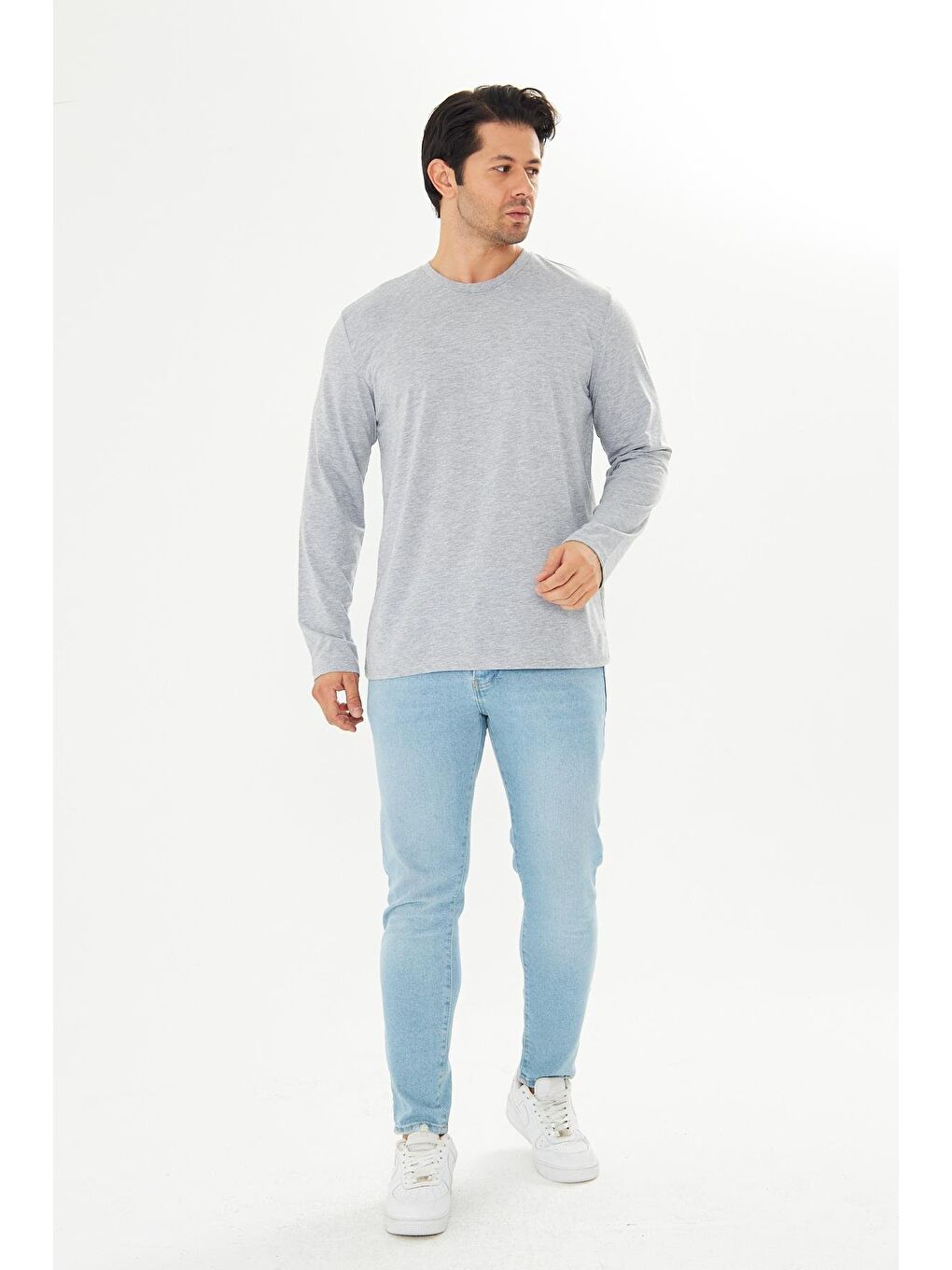 Büyük Beden Erkek Pamuklu Bisiklet Yaka Uzun Kollu Tişört Gri Melanj 5020B-G-2