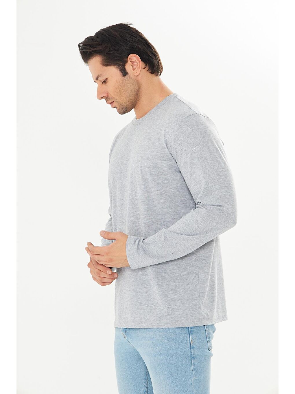 Büyük Beden Erkek Pamuklu Bisiklet Yaka Uzun Kollu Tişört Gri Melanj 5020B-G-5