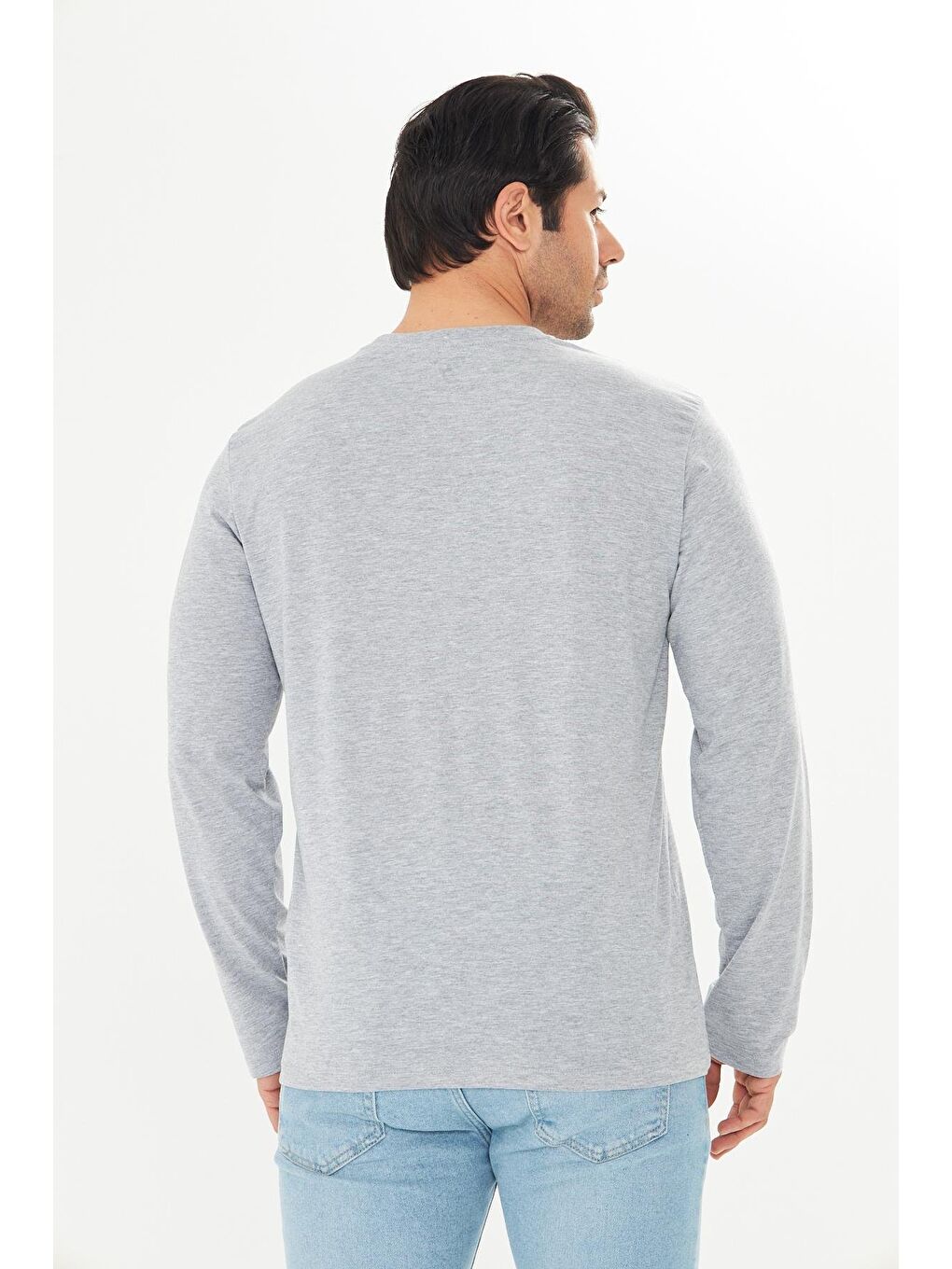 Büyük Beden Erkek Pamuklu Bisiklet Yaka Uzun Kollu Tişört Gri Melanj 5020B-G-6