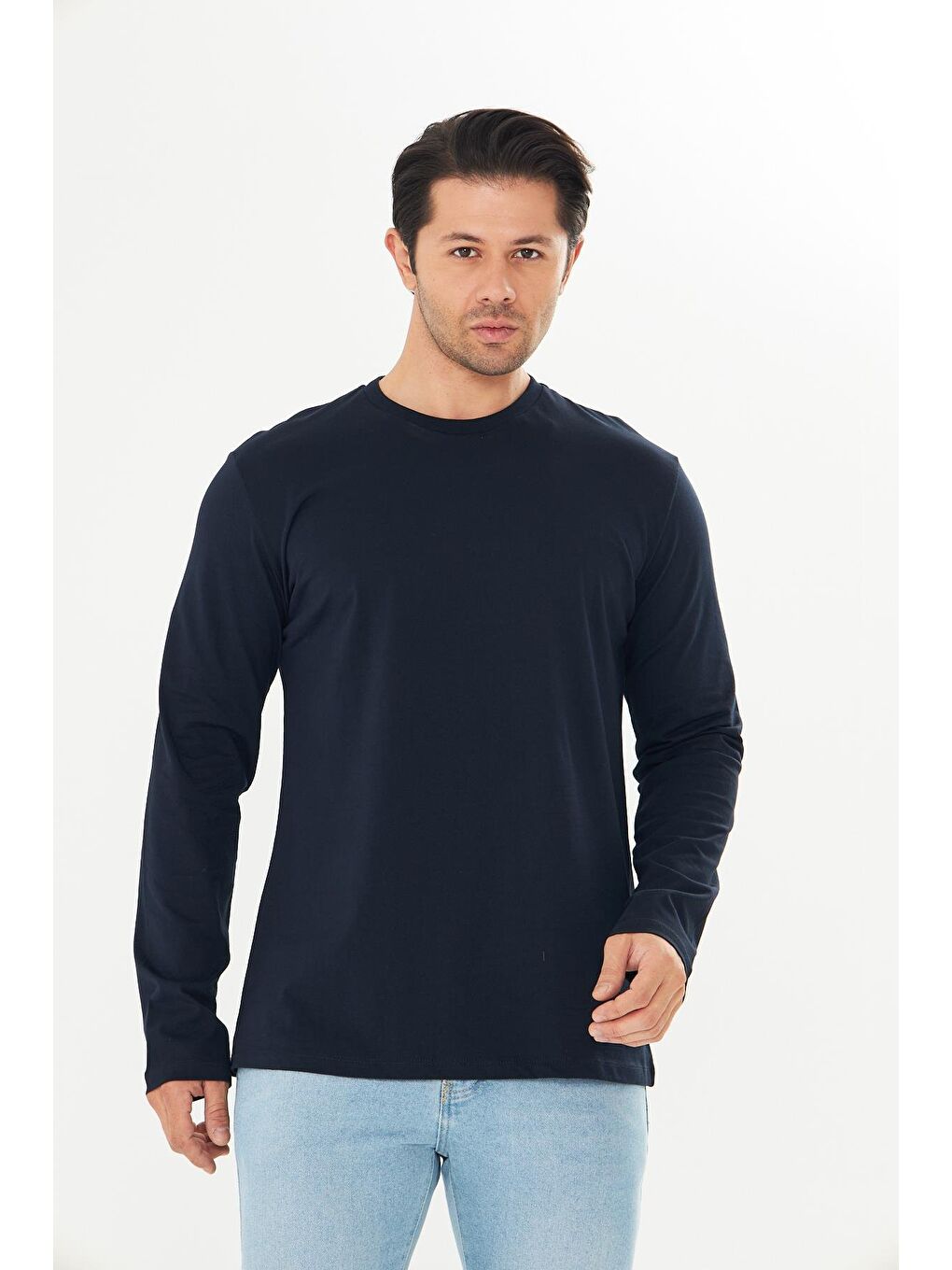 Erkek Pamuklu Bisiklet Yaka Uzun Kollu Tişört Lacivert 5020-L-2