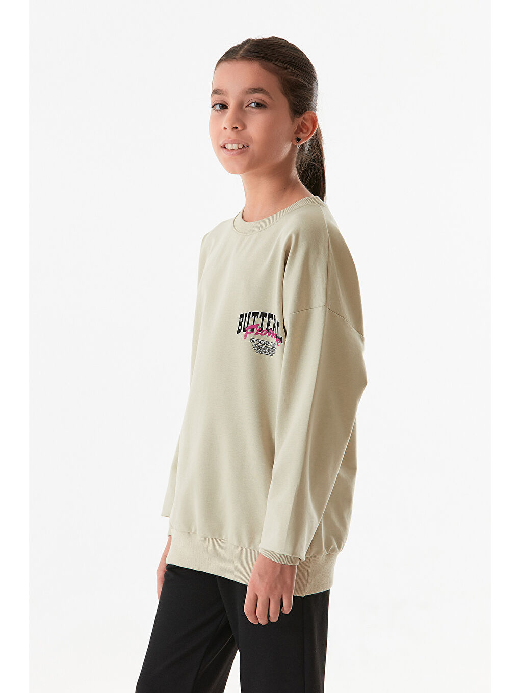 Fullamoda Su Yeşili Önü Ve Arkası Kelebek Baskılı Kız Çocuk Sweatshirt - 3