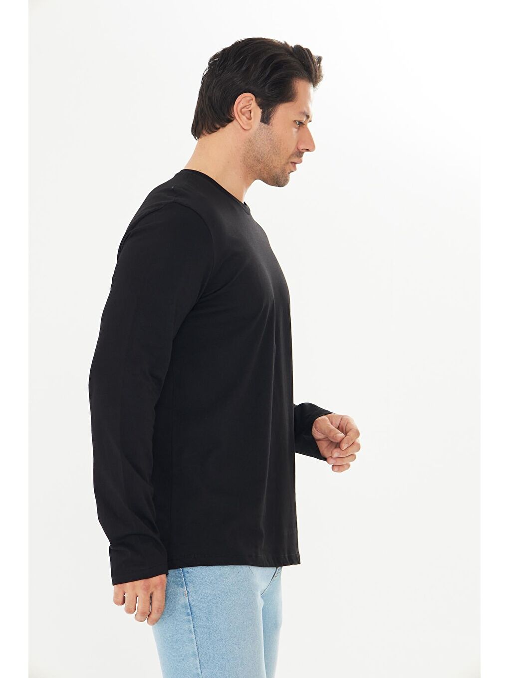 Erkek Pamuklu Bisiklet Yaka Uzun Kollu Tişört Siyah 5020-S-4