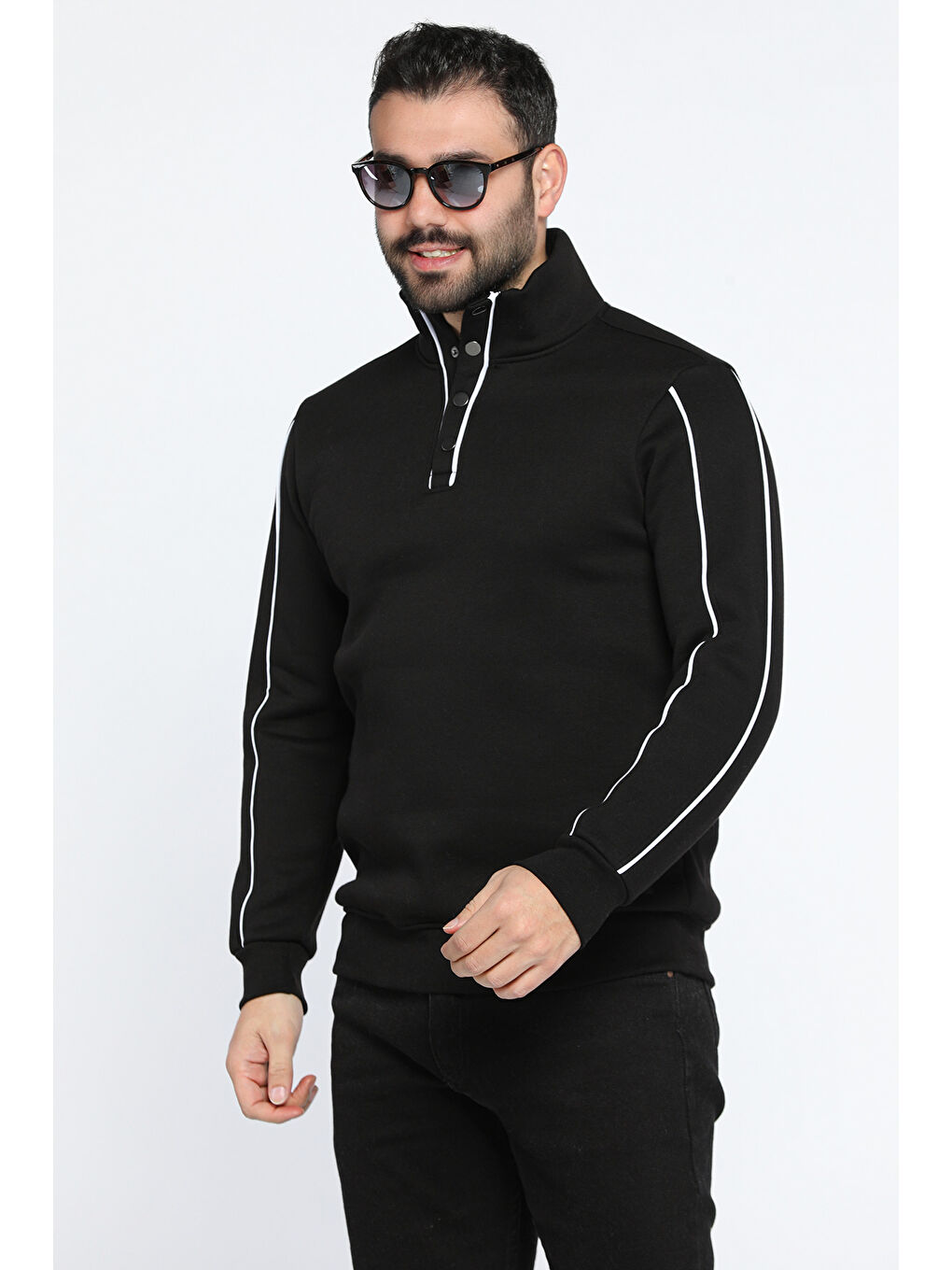 Mishar İtalia Siyah Erkek Yarım Düğmeli Üç İplik Şardonlu Sweatshirt