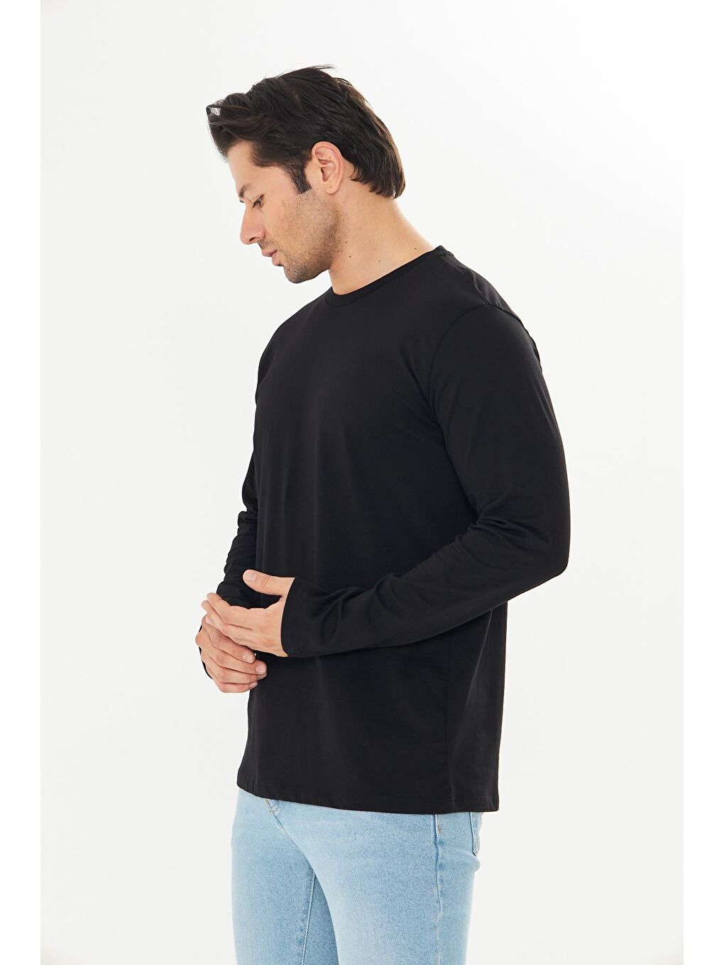 Erkek Pamuklu Bisiklet Yaka Uzun Kollu Tişört Siyah 5020-S-5