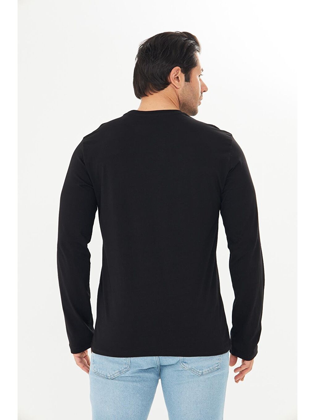 Erkek Pamuklu Bisiklet Yaka Uzun Kollu Tişört Siyah 5020-S-6