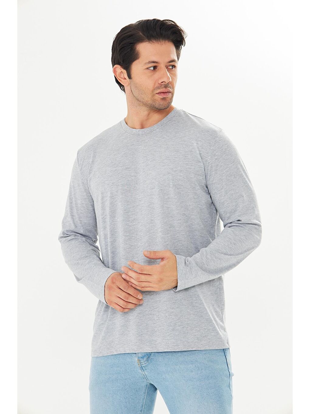 Erkek Pamuklu Bisiklet Yaka Uzun Kollu Tişört Gri Melanj 5020-G