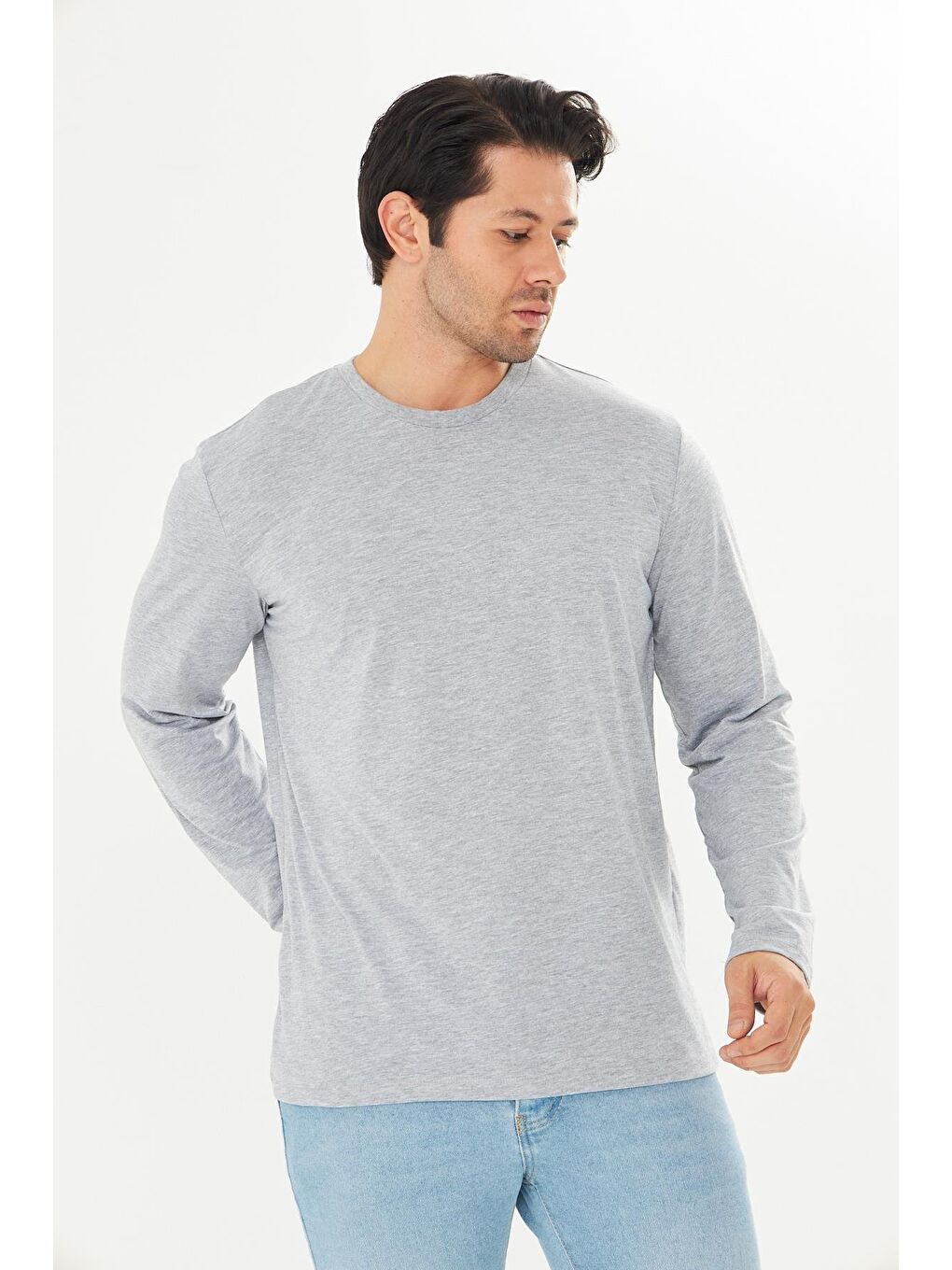 Erkek Pamuklu Bisiklet Yaka Uzun Kollu Tişört Gri Melanj 5020-G-2