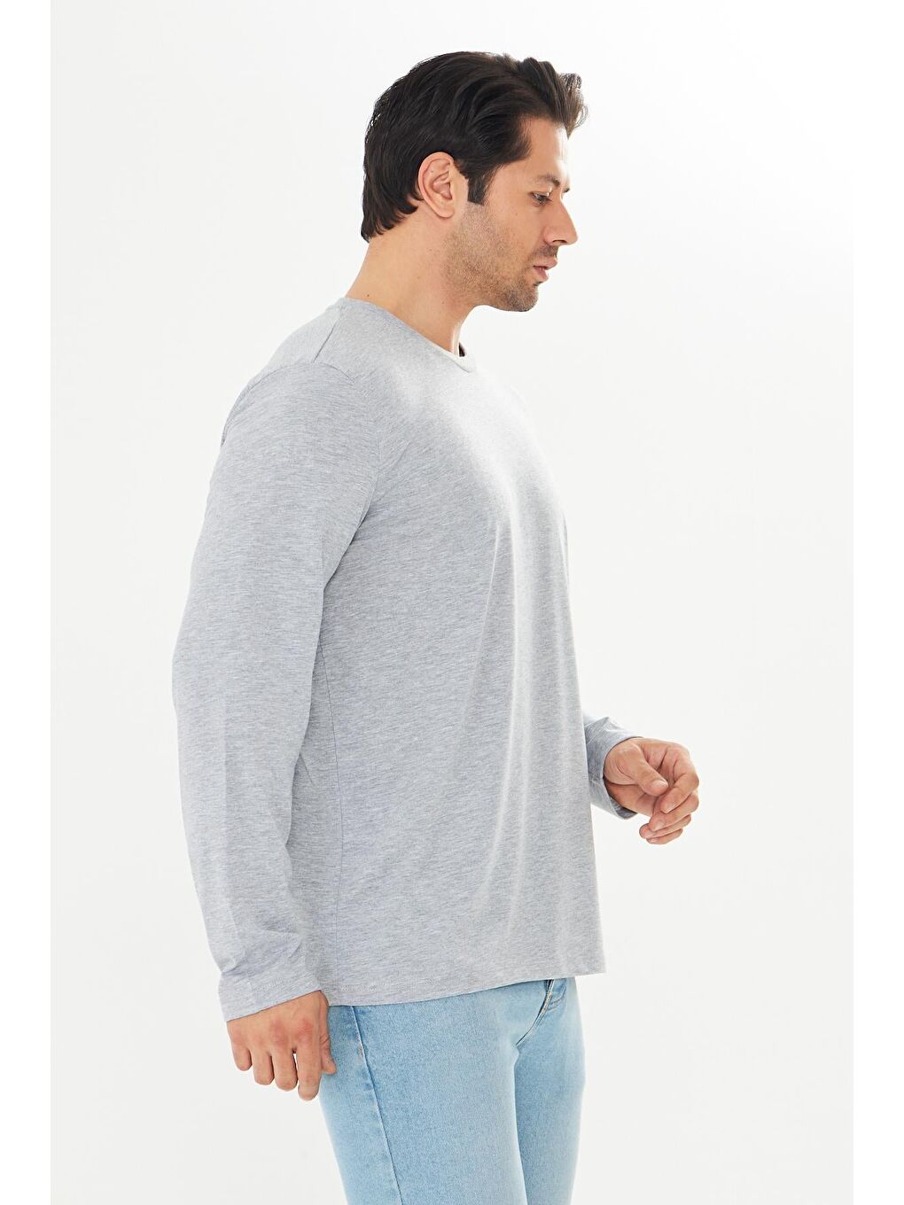 Erkek Pamuklu Bisiklet Yaka Uzun Kollu Tişört Gri Melanj 5020-G-4