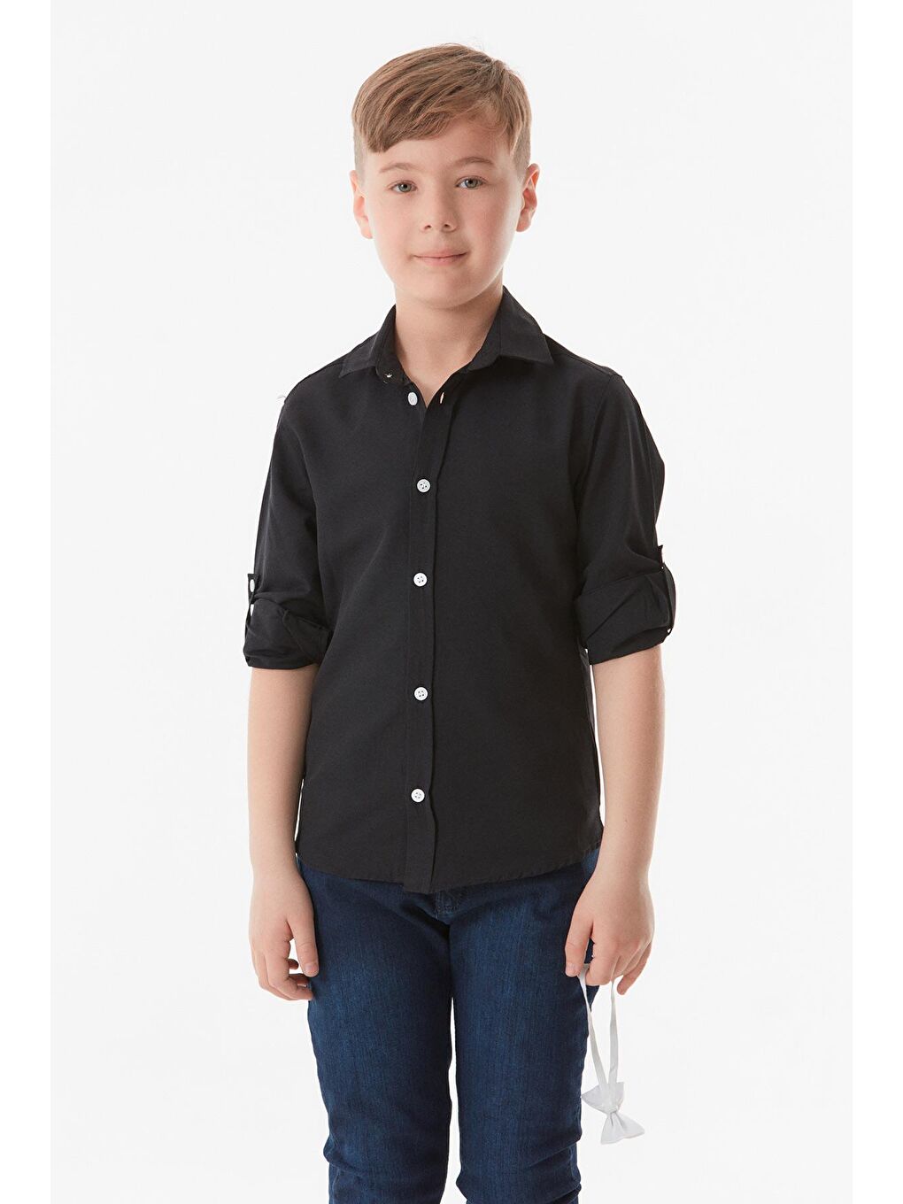 Siyah Kolu Katlanabilir Papyonlu Erkek Çocuk Gömlek-3