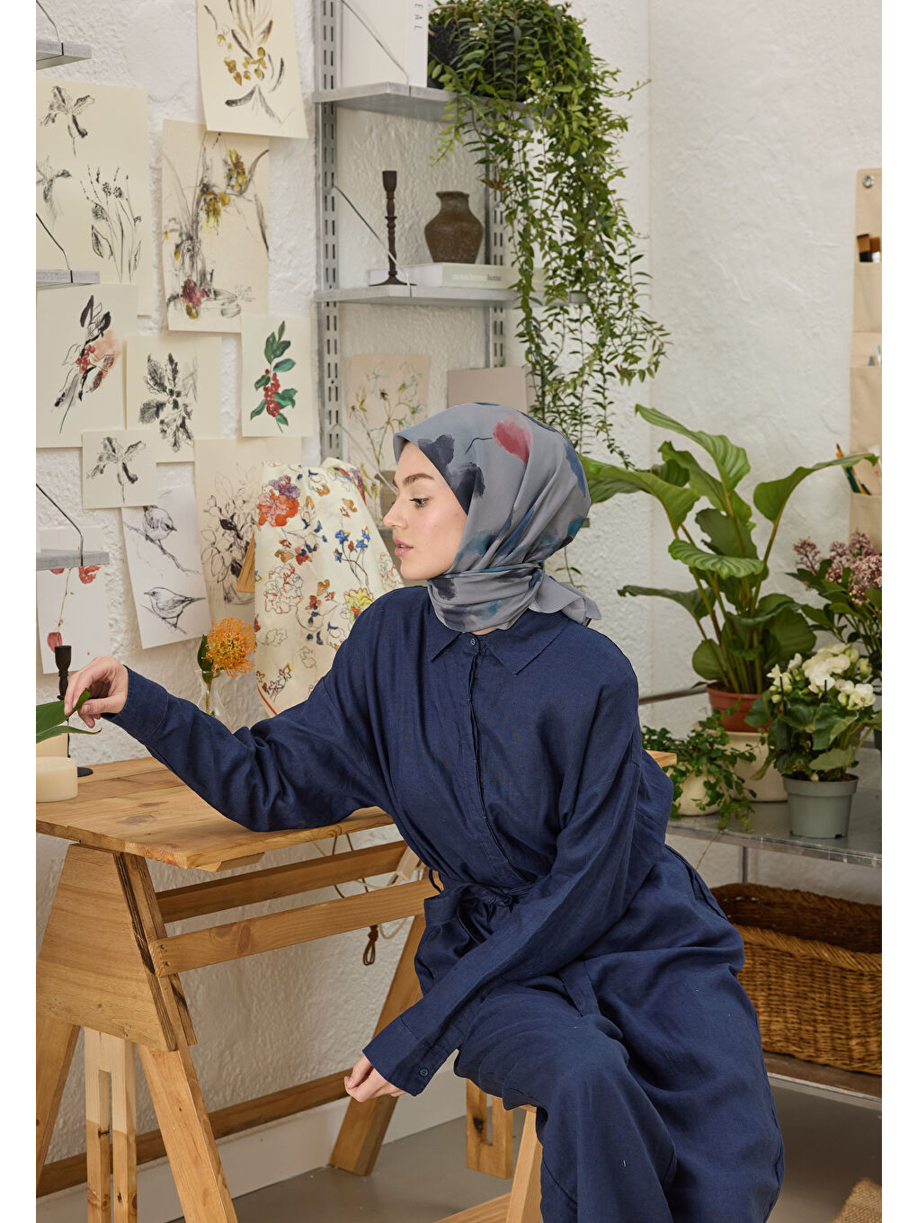 Isla Desen Pamuk İpek Eşarp Mavi