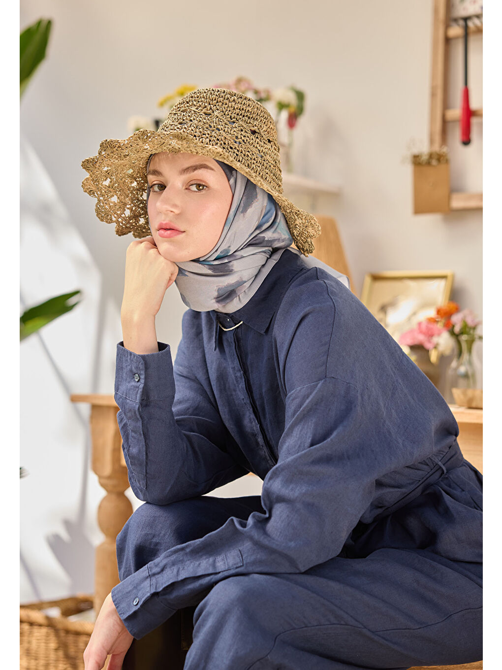 Isla Desen Pamuk İpek Eşarp Mavi-1