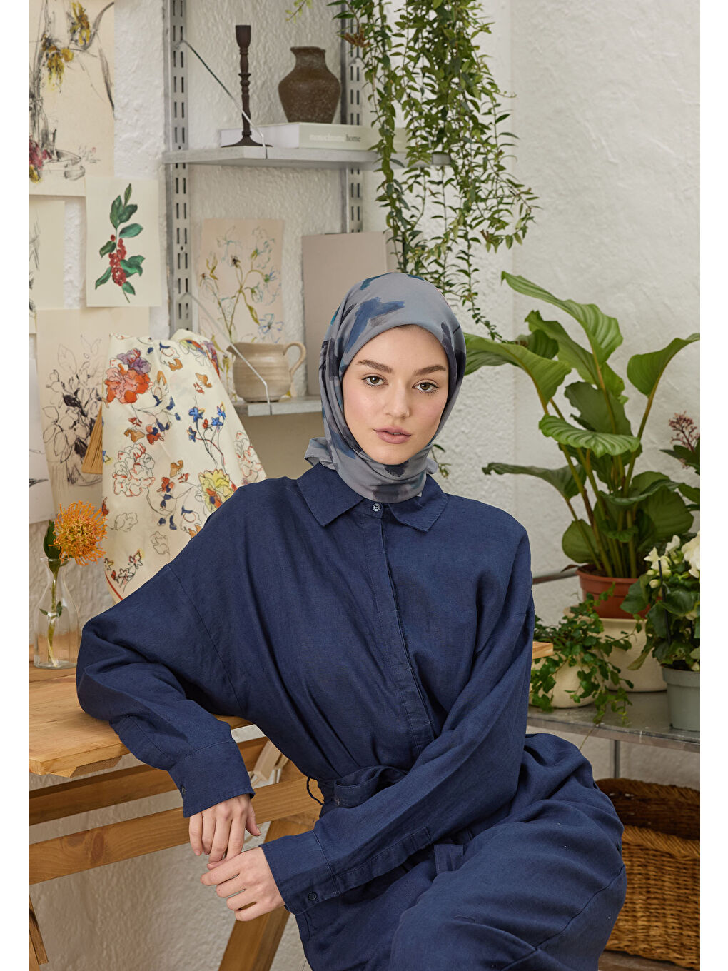 Isla Desen Pamuk İpek Eşarp Mavi-2