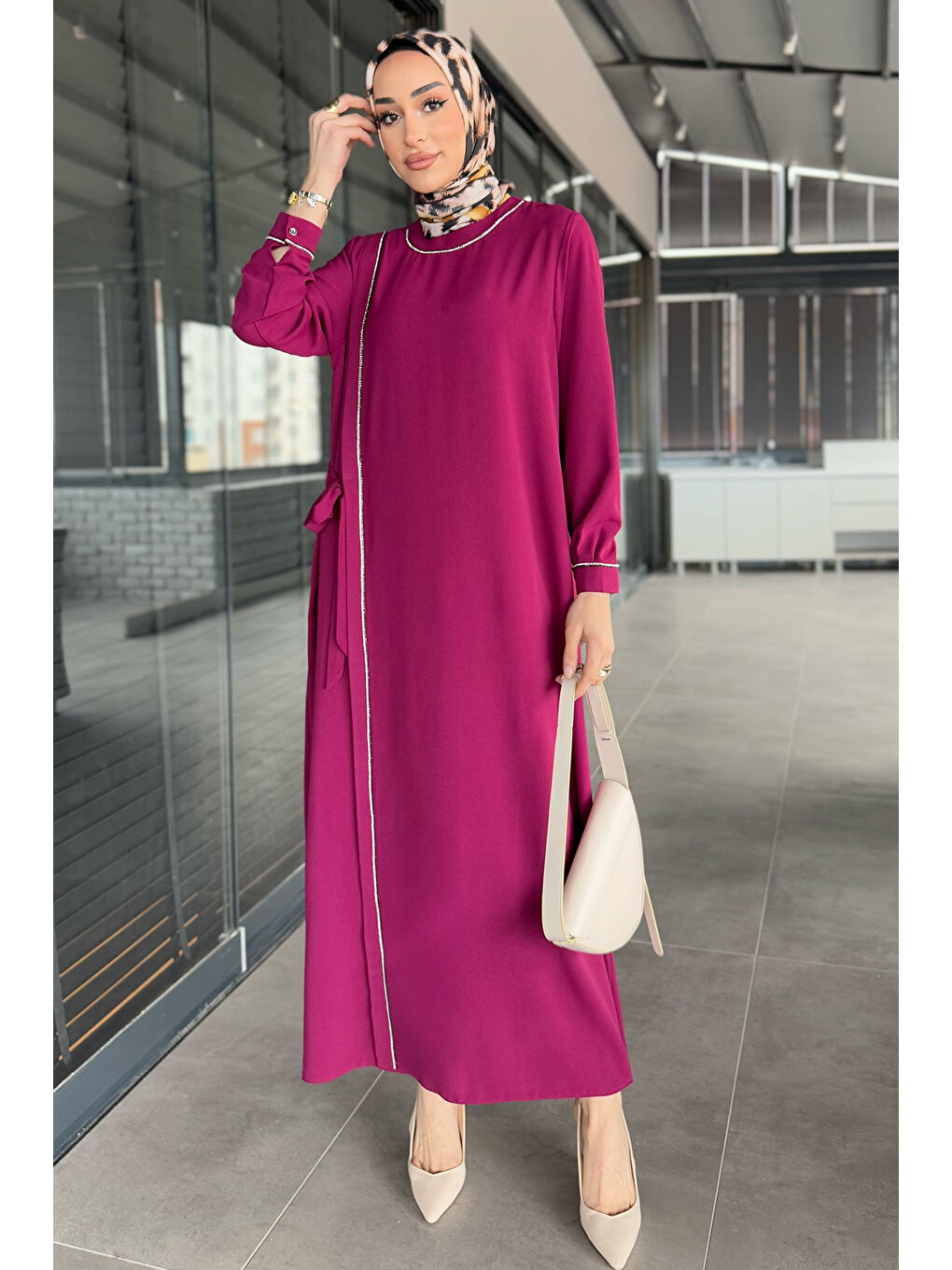 Mürdüm Kadın Bel Kuşaklı Taş İşlemeli Büyük Beden Tesettür Elbise-1