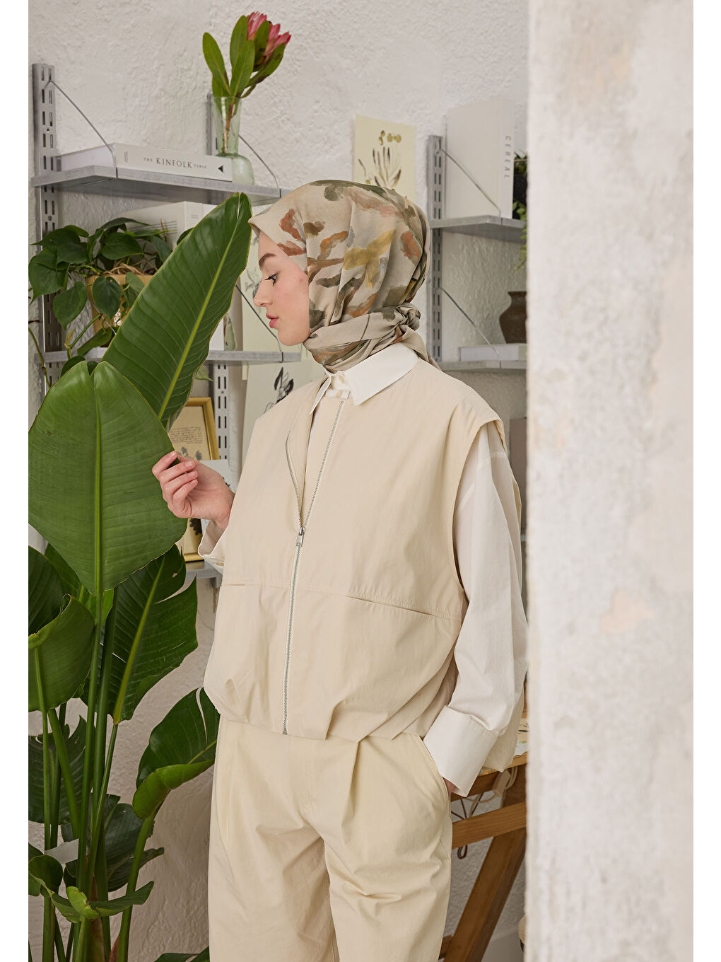 Bej Isla Desen Pamuk İpek Eşarp Vizon-1