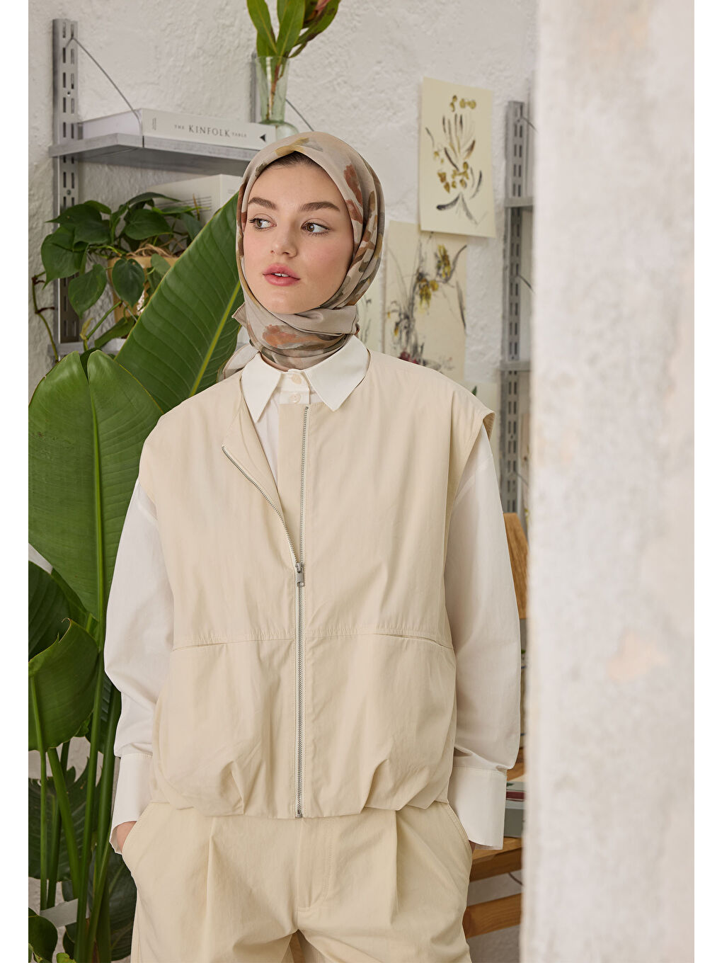 Bej Isla Desen Pamuk İpek Eşarp Vizon-2