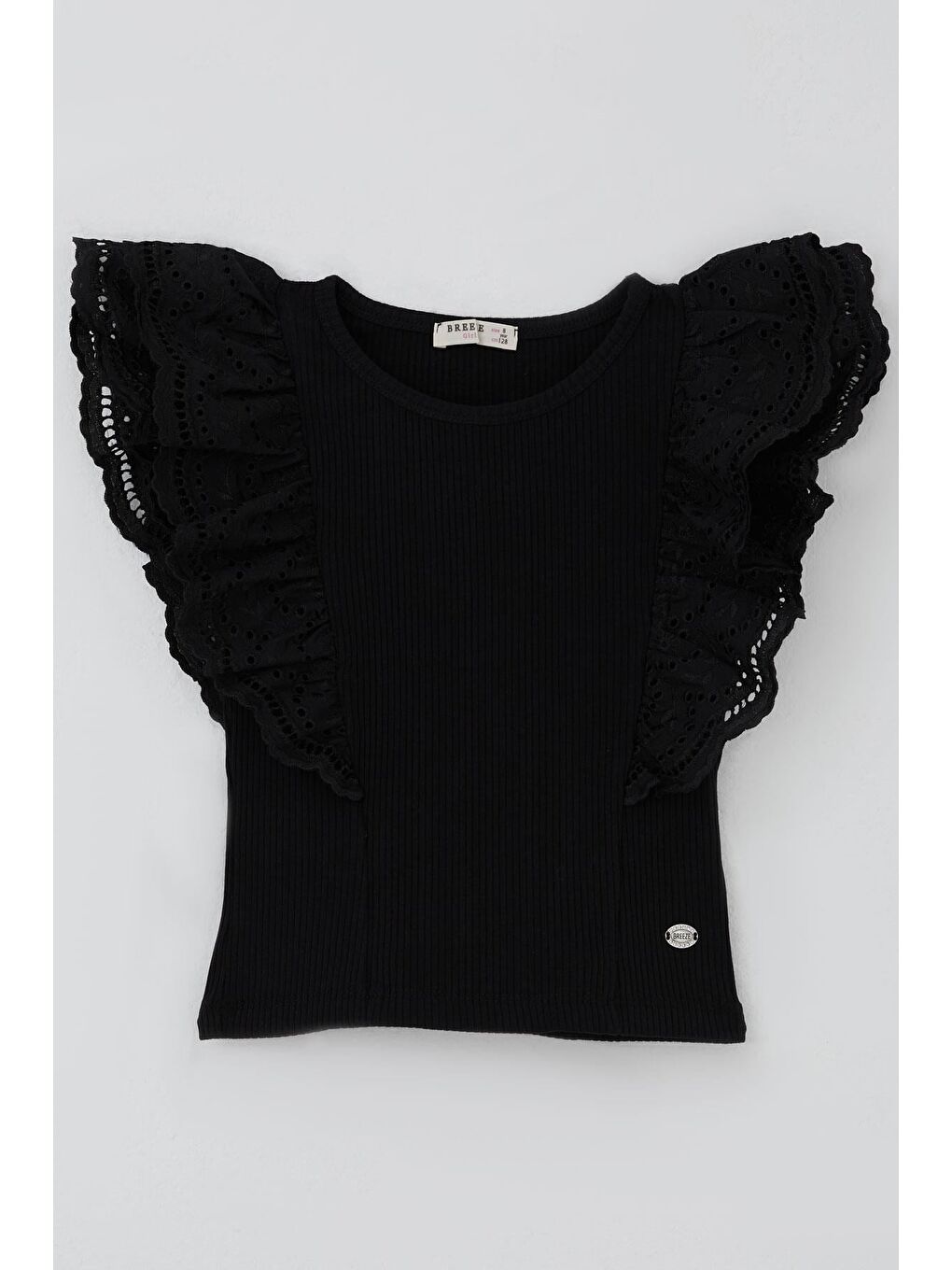 Kız Çocuk Tişört Güpürlü Çiçek & Yaprak Nakışlı Siyah (6-12 Yaş)