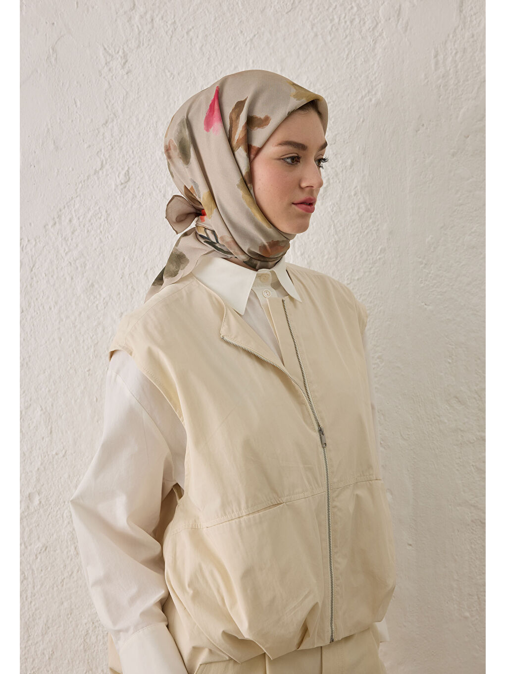 Bej Isla Desen Pamuk İpek Eşarp Vizon-4