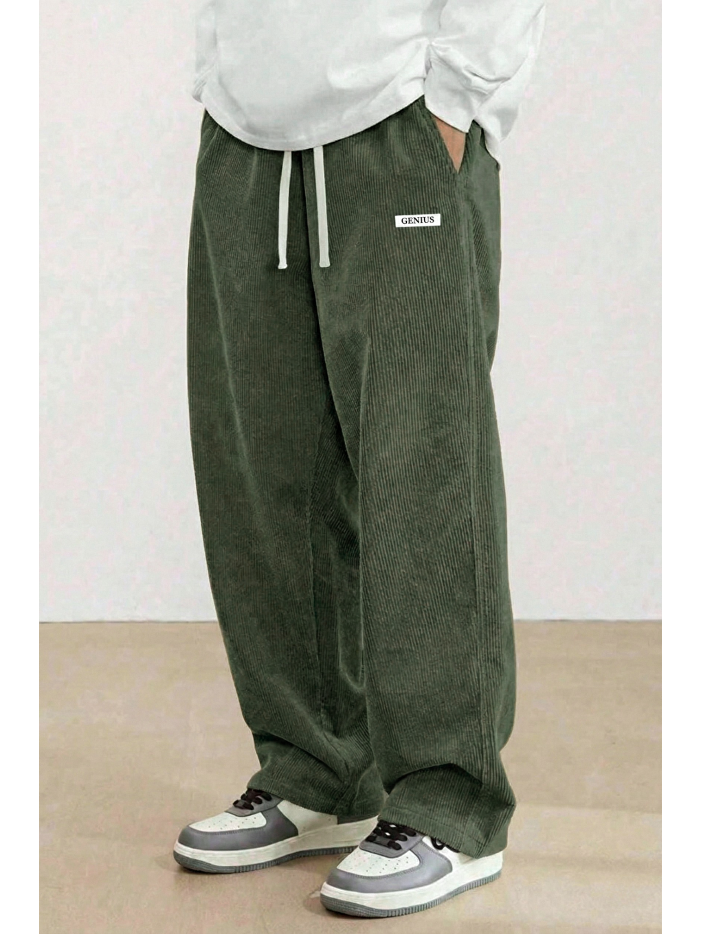 Haki GENIUS Erkek Pantolon Fitilli Kadife Bol Paça Oversize Pantolon