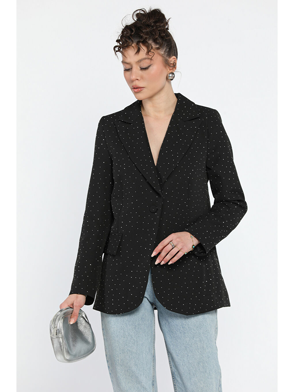 Siyah Taş Detaylı Kadın Tarz Blazer Ceket-1