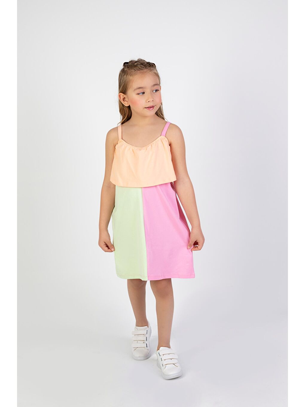 Pembe Kız Çocuk Çok Renkli Diz Üstü Penye Elbise-2