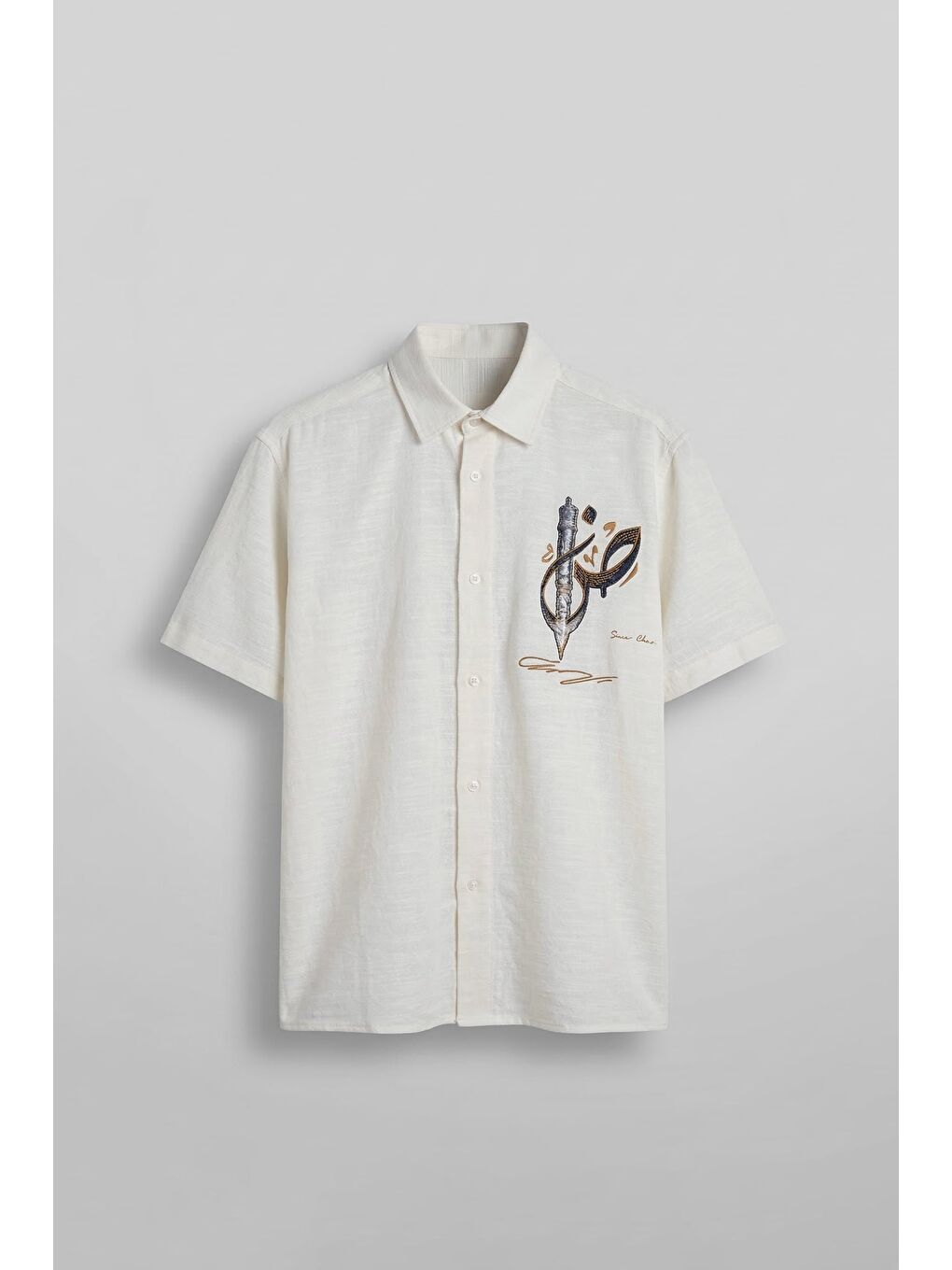 Erkek Oversize Nakış Detaylı Pamuklu Kısa Kollu Gömlek Ekru