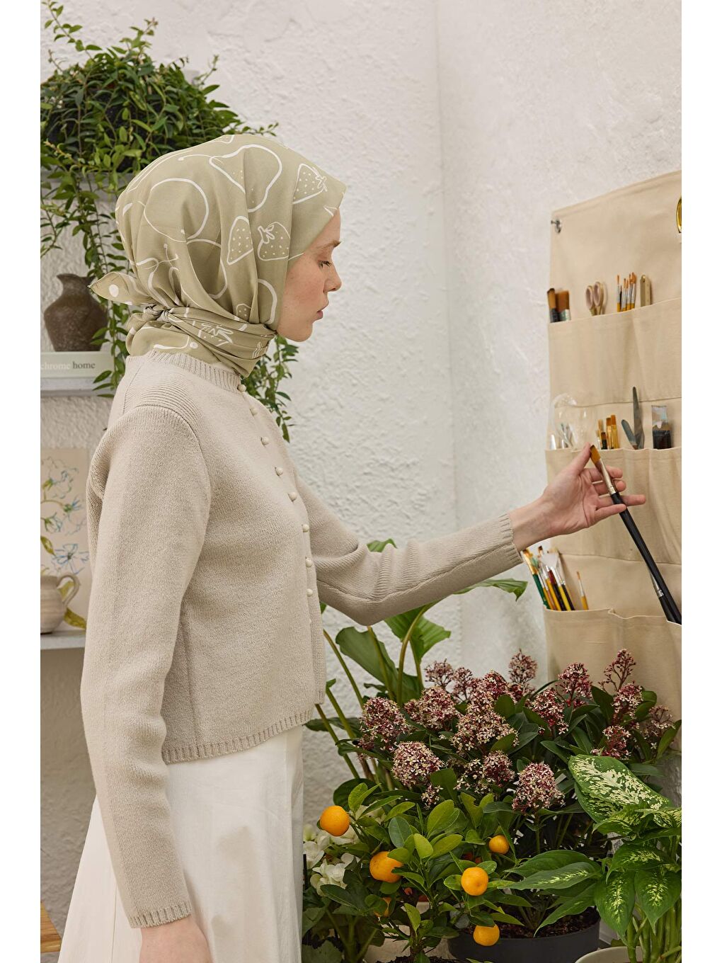 Yeşil Eloıse Desen Pamuk İpek Eşarp Adaçayı