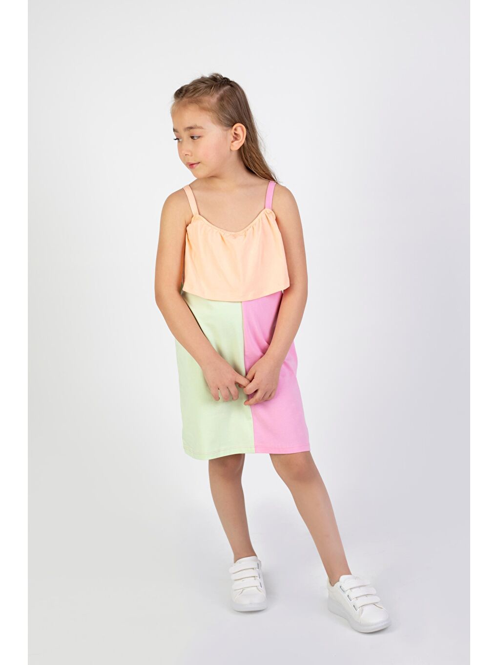 Pembe Kız Çocuk Çok Renkli Diz Üstü Penye Elbise-3