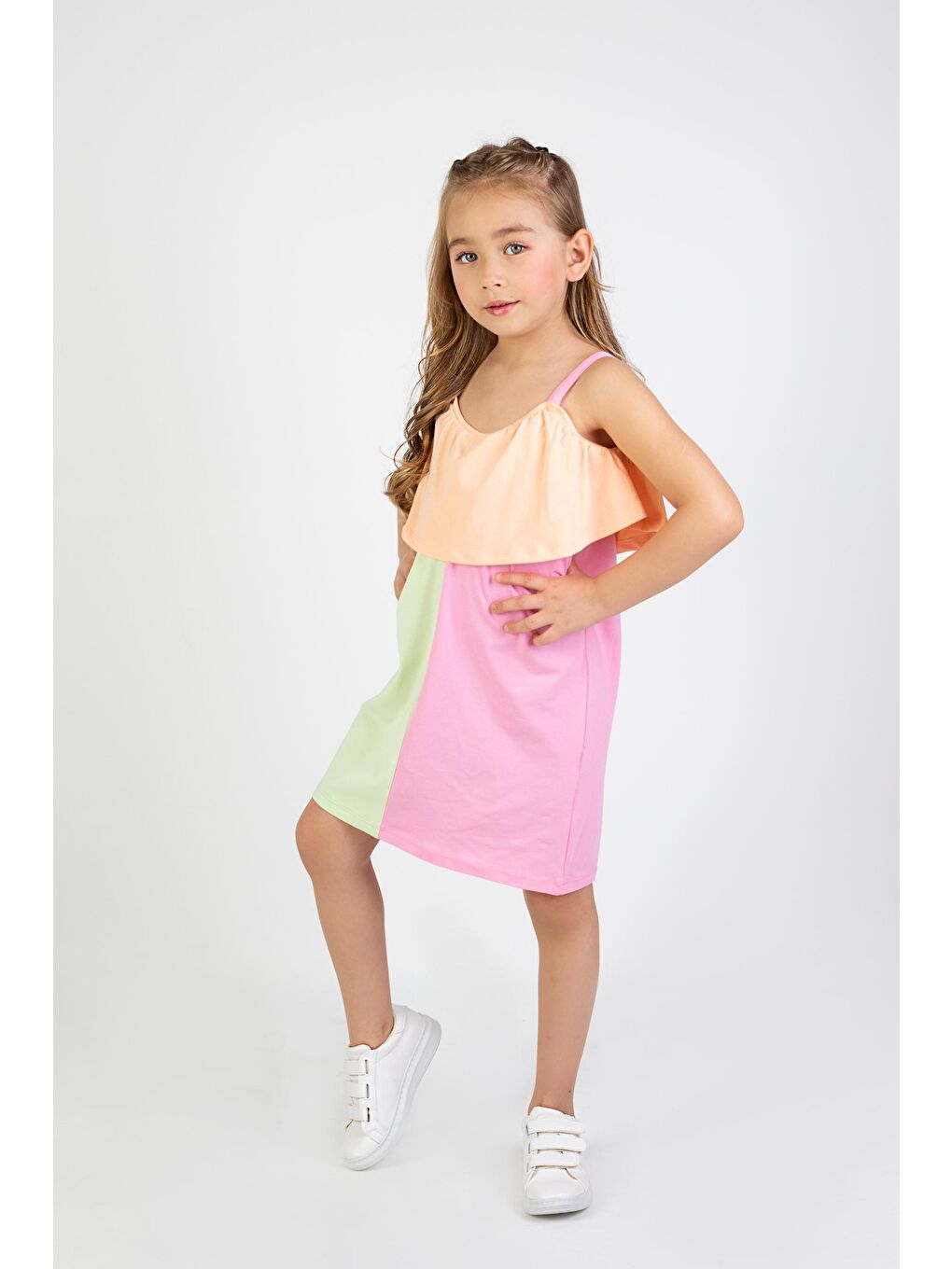 Pembe Kız Çocuk Çok Renkli Diz Üstü Penye Elbise-4