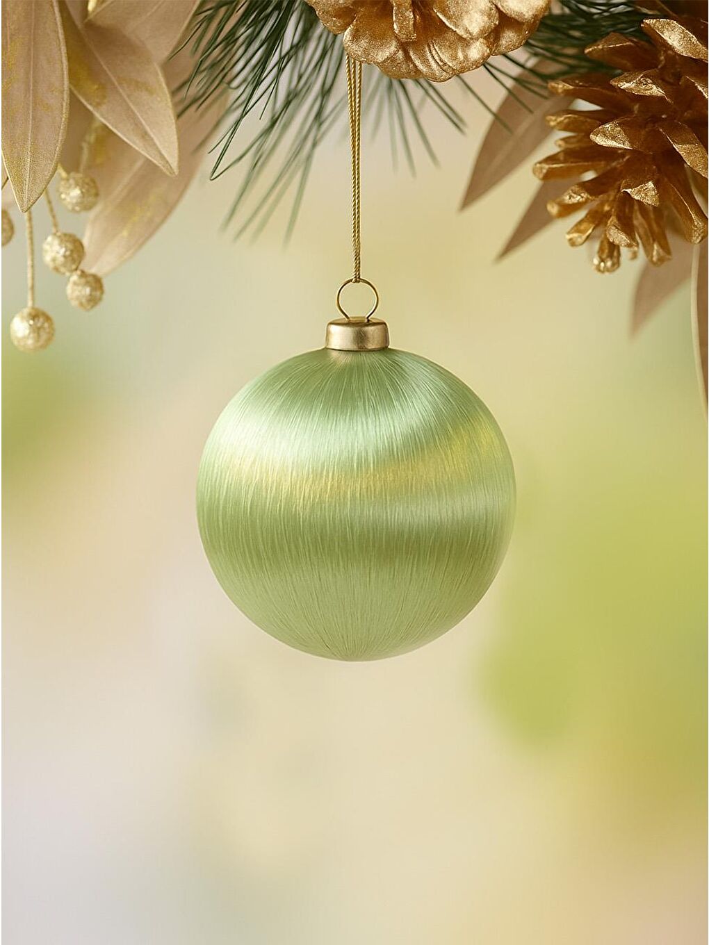 Yılbaşı Topu – İpek İplik Sarılı Çam Ağacı Süsü Yağ Yeşili 10 cm