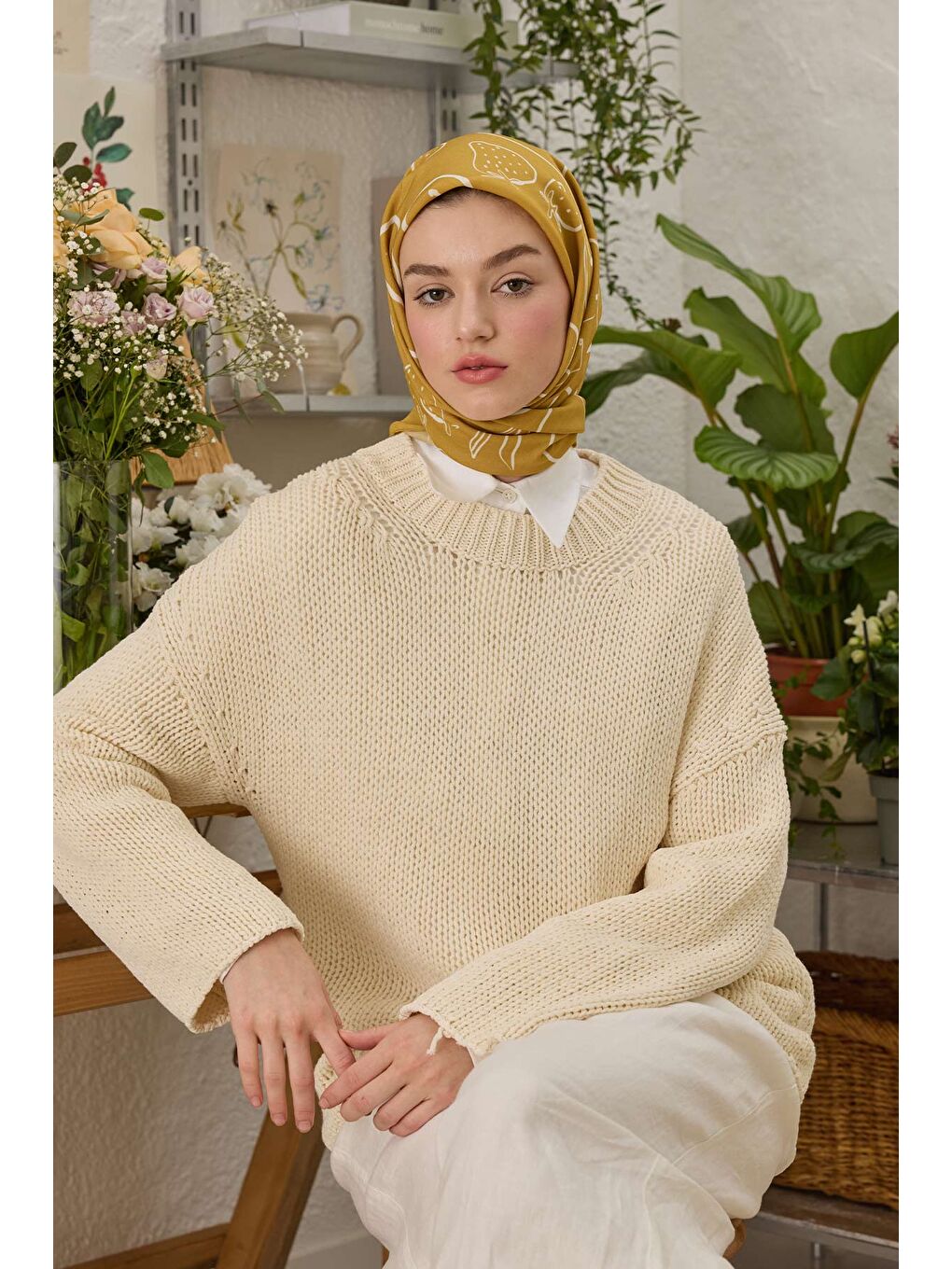 Turuncu Eloıse Desen Pamuk İpek Eşarp Mango