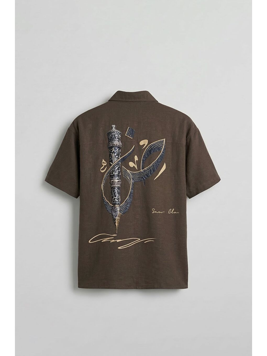 Erkek Oversize Nakış Detaylı Pamuklu Kısa Kollu Gömlek Kahverengi-1