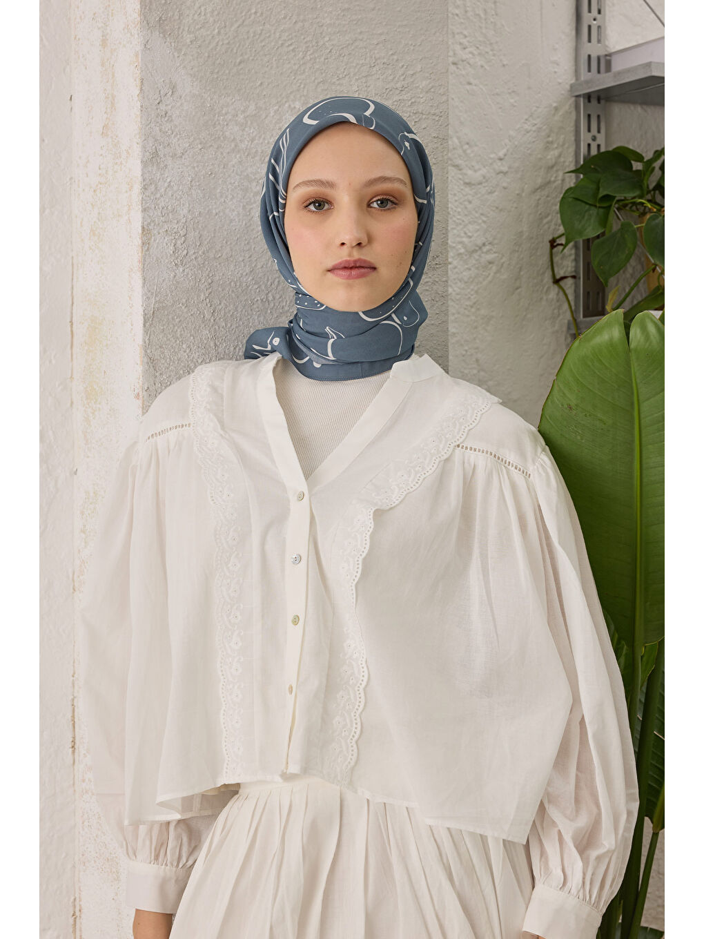 Eloıse Desen Pamuk İpek Eşarp Mavi-1