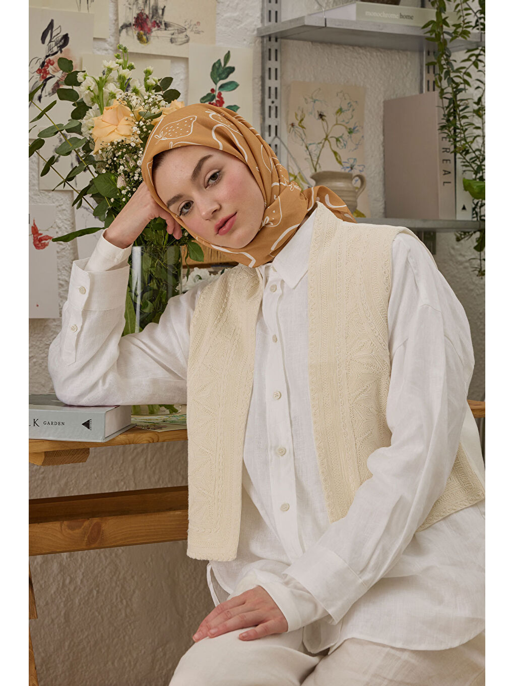 Pembe Eloıse Desen Pamuk İpek Eşarp Şeftalı-1