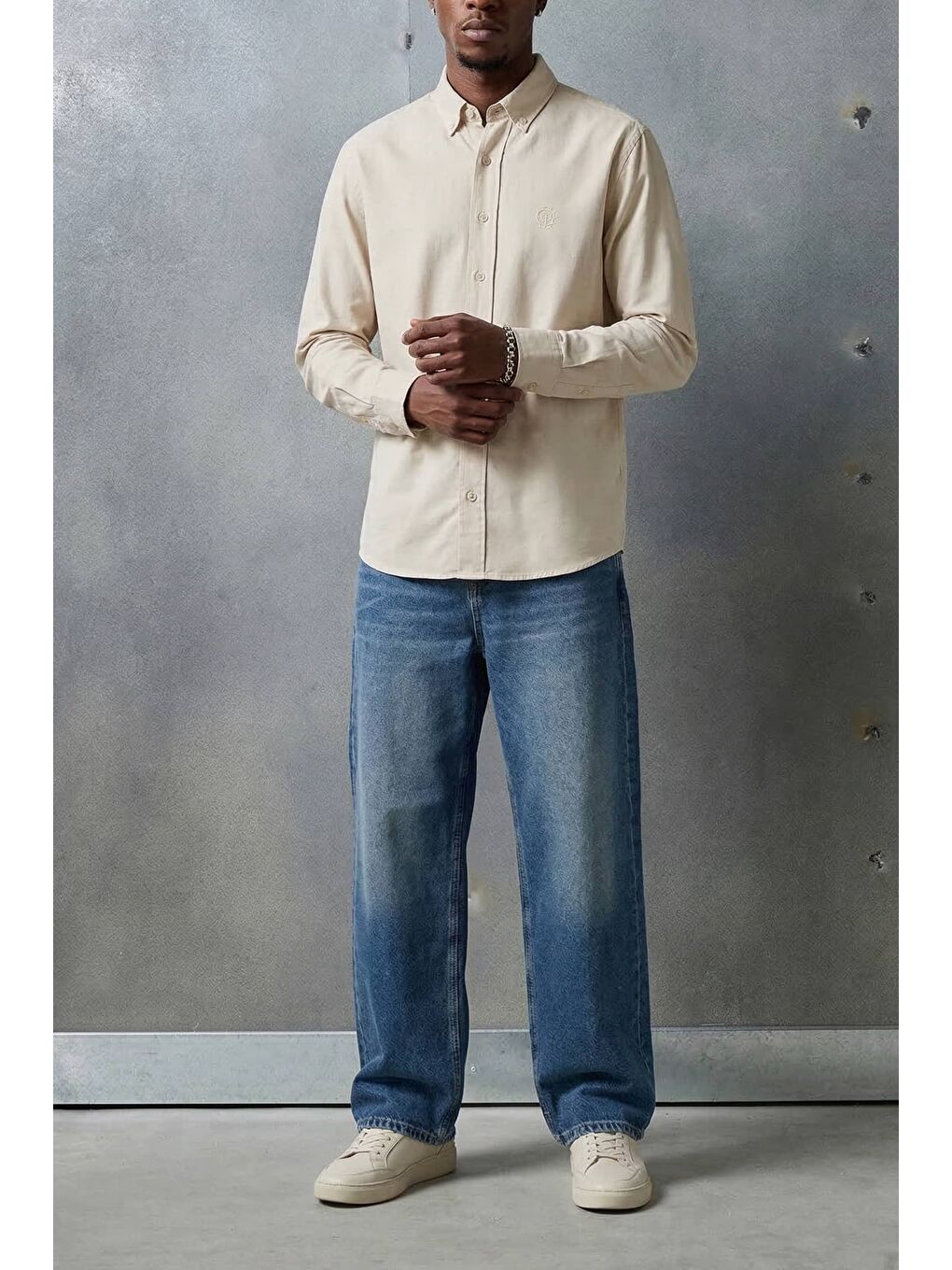 Erkek Relaxed Minimal Nakışlı Basic Lyocell Gömlek Bej-2