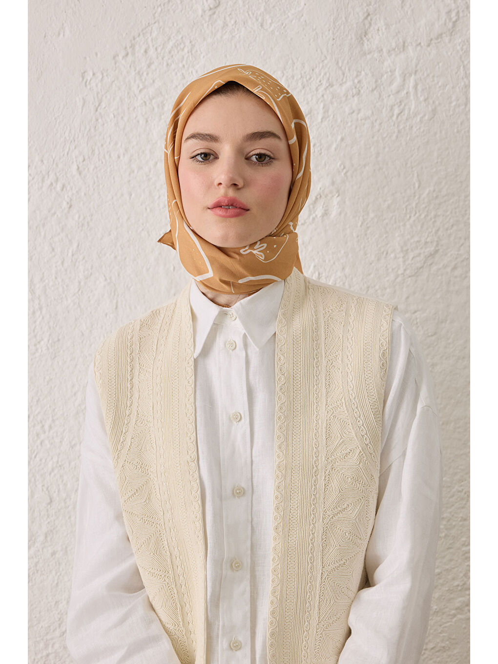 Pembe Eloıse Desen Pamuk İpek Eşarp Şeftalı-2