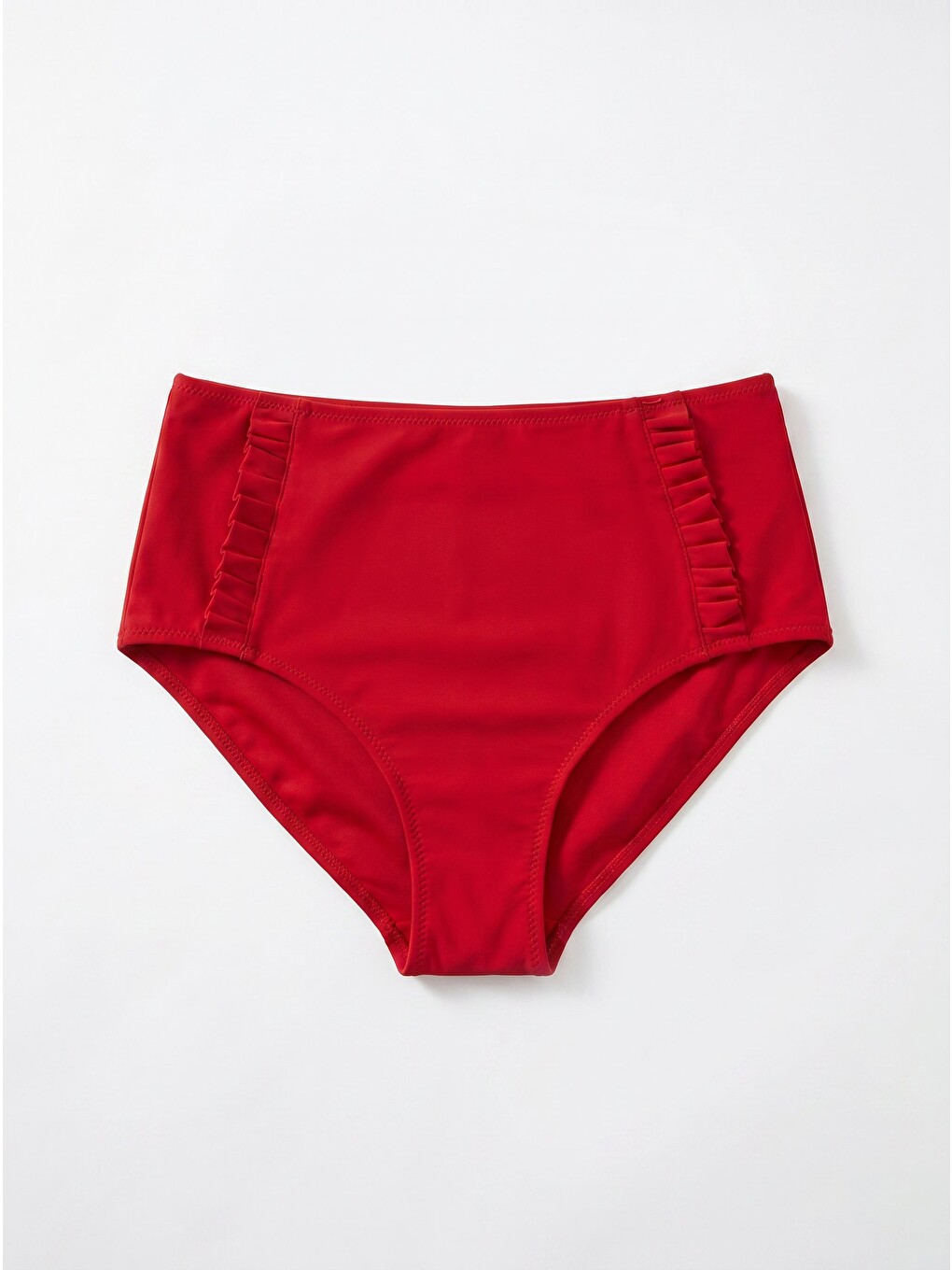 Kırmızı Yanları Fırfırlı Yüksel Bel Tek Alt Bikini