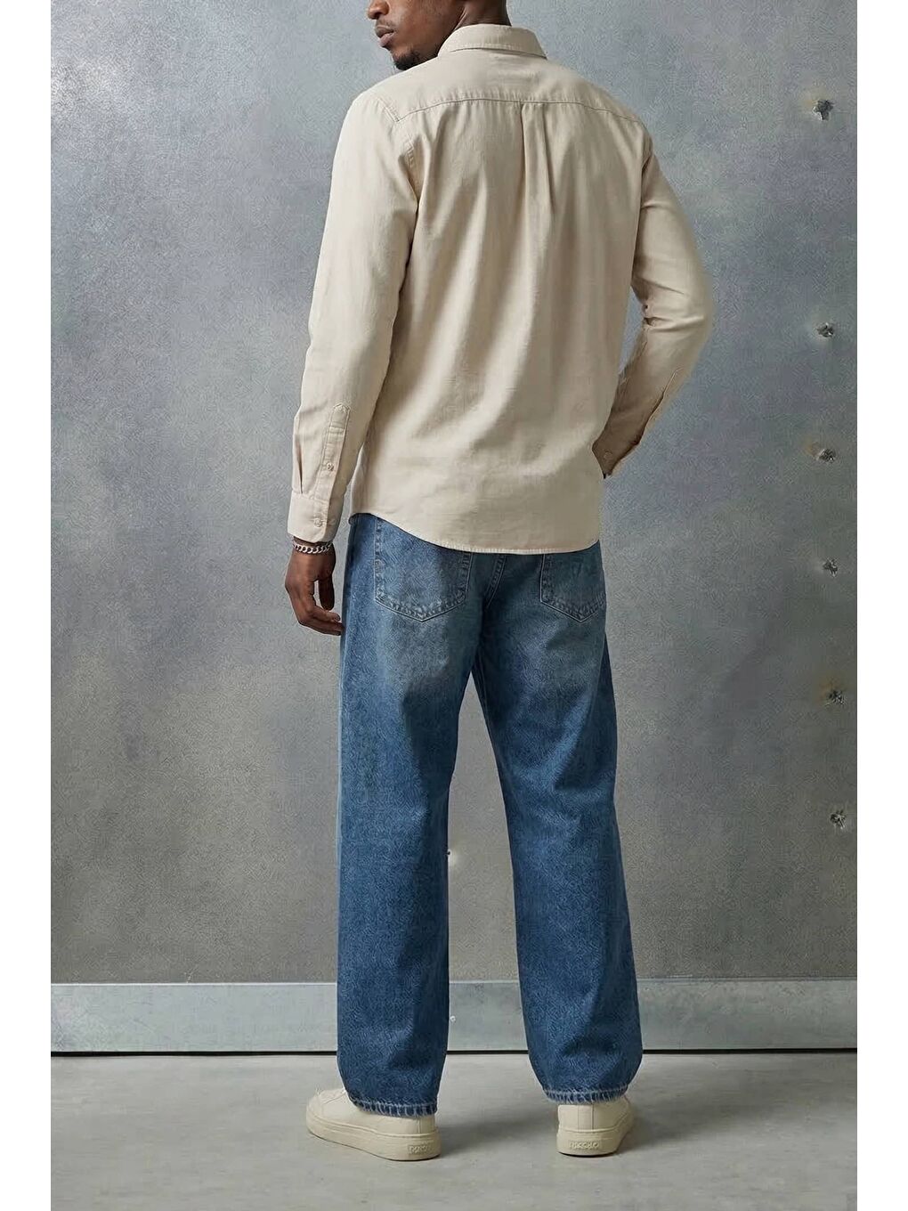 Erkek Relaxed Minimal Nakışlı Basic Lyocell Gömlek Bej-3