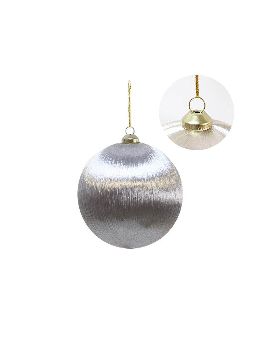 Gri Yılbaşı Topu – İpek İplik Sarılı Çam Ağacı Süsü Gümüş 10 cm-1