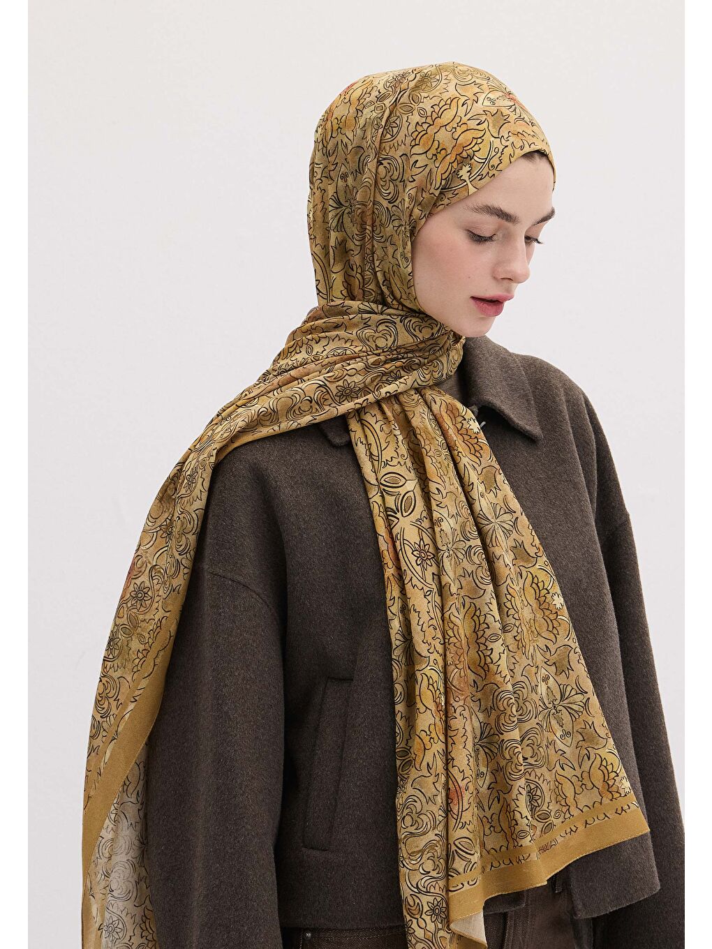 Kahverengi Hesperıa Desen Şal Hardal-1